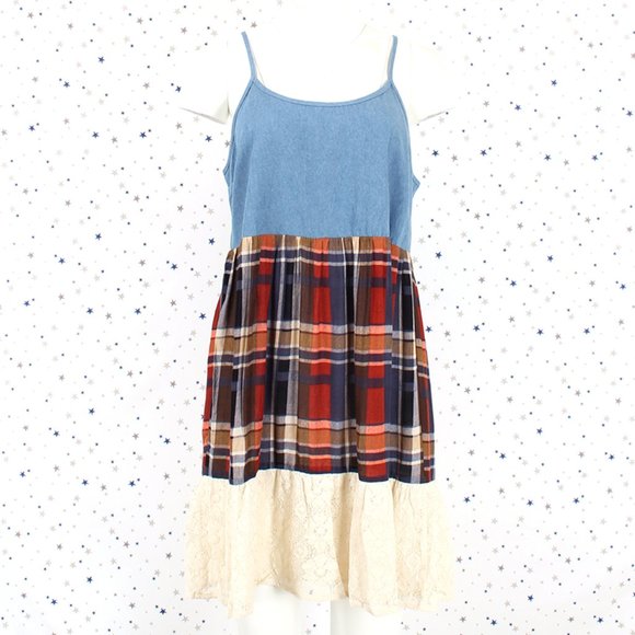 Umgee Tiered Dress Denim Plaid Lace Dark Denim - Picture 2 of 8